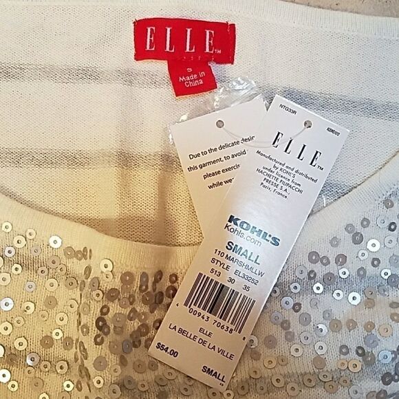 ELLE WHITE AND GRAY STRIPED SEQUINED LIGHTWEIGHT LONG-SLEEVE SWEATER, SIZE SMALL - Picture 5 of 7